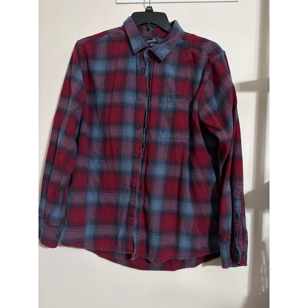 Men’s Eddie Bauer flannel button down shirt red blue plaid XXL pocket cotton